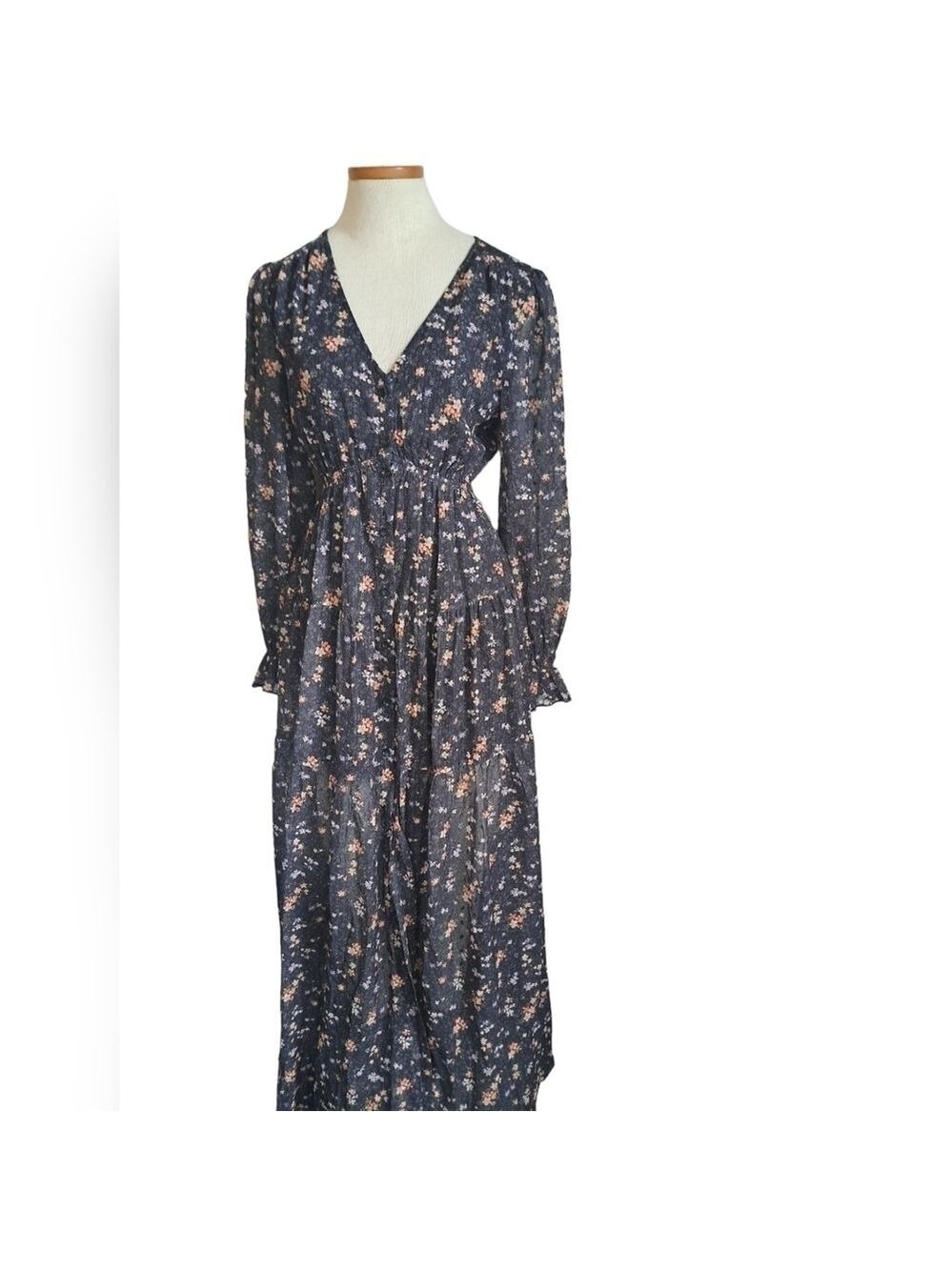 Tiny floral tiered MAXI  dress long sleeves ruffle cuff button up Shabby Aakaa S - Picture 3 of 12